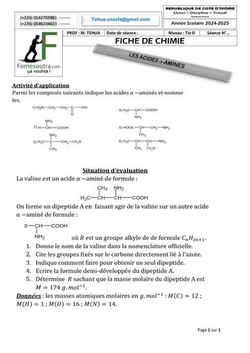 FICHE DE TRAVAUX DIRIGES CHIMIE Tle D LES ACIDES α AMINES By TEHUA