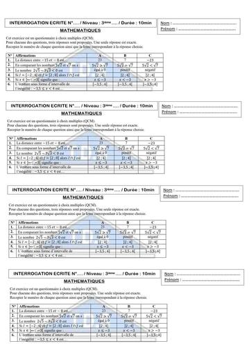 INTERROGATION MATHS NIVEAU 3ième CALCUL NUMERIQUE INTERVALLE 1 by TEHUA