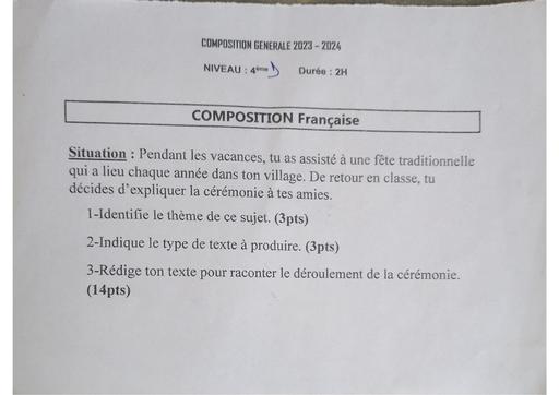 Composition de Français 4ieme essai 2023 provincial by Tehua