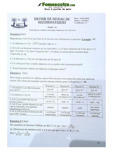 Sujet de Mathématique Terminale D Lycée Classique Abidjan 2022