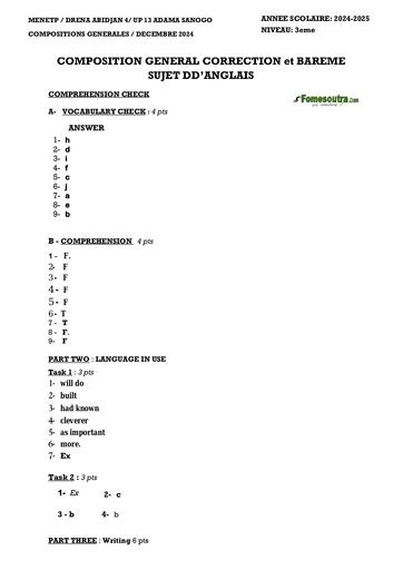 Composition generale Decembre 2024 UP 13 ADAMA SANOGO BAREME ANGLAIS 3ieme by Tehua