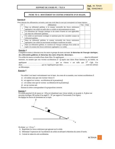 Support de cours 2 MOUVEMENT DU CENTRE D’INERTIE D’UN SOLIDE PC Tle D by TEHUA