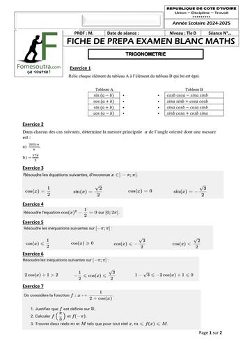 FICHE DE PREPA BAC MATHS Tle TRIGONOMETRIE by TEHUA