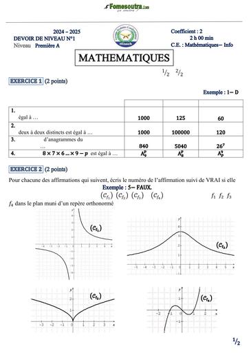 DEVOIR DE NIVEAU N°1 MATHS 1ière A DU TRIMESTRE 2 HINNEH 2025 by TEHUA