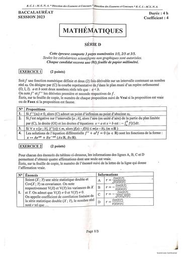 Sujet de Maths bac 2023 serie D by Tehua