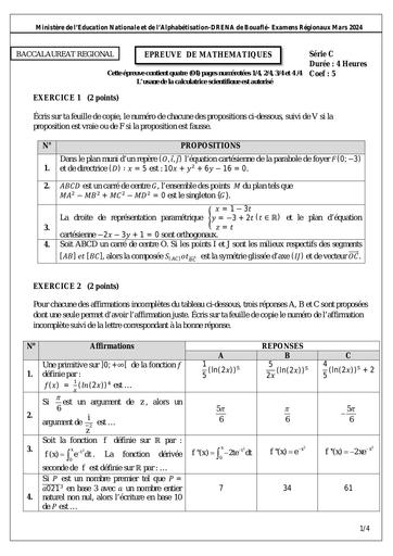 Sujet Tle C maths (N°1) bouafé Examen régional 2024 by Tehua