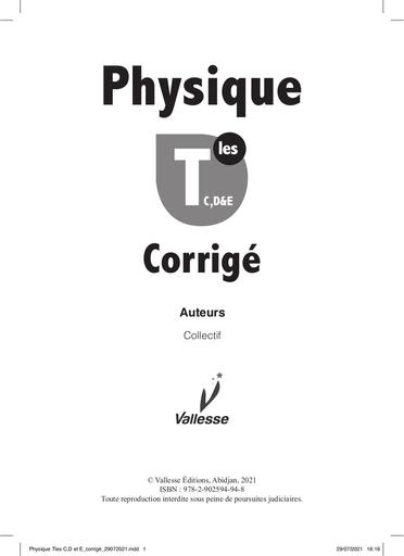 PC Physique Tles CDE corrige édition Vallesse by Tehua