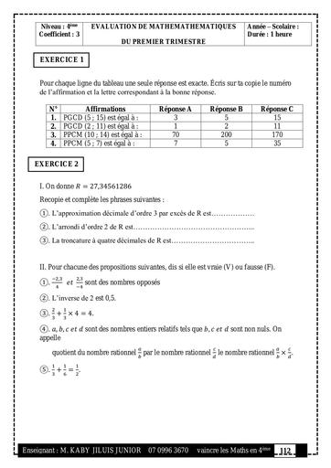 Devoir n°1 Maths 4ieme Novenbre 2024 2nd trimestre by Tehua