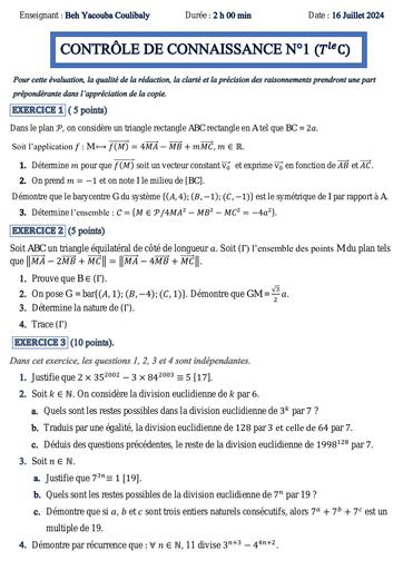 Maths CONTRÔLE DE CONNAISSANCE N°1 (Tle C) Hinnet biabou by Tehua