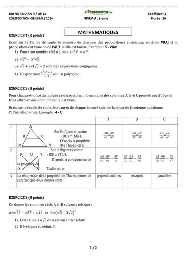 Composition generale Decembre 2024 UP 13 ADAMA SANOGO SUJET DE MATHS 3ieme by Tehua