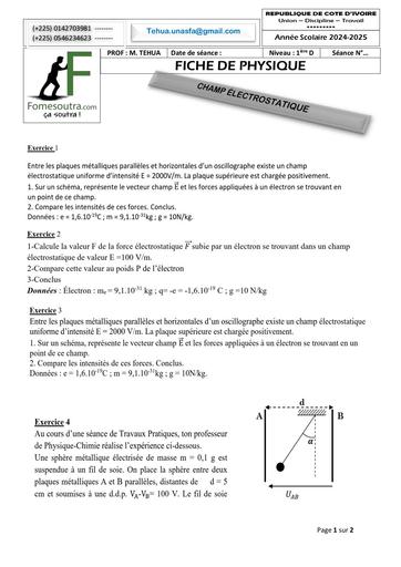 FICHE DE TRAVAUX DIRIGES PHYSIQUE 1iere D CHAMP ÉLECTROSTATIQUE Novembre 2024 by TEHUA