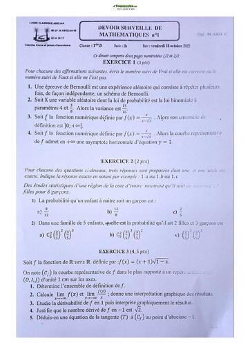 Sujets de Mathématiques série D Lycée Classique d'Abidjan 2023