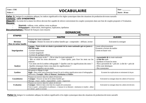 Fiche de cours CM Vocabulaire Homony synony contr by Tehua