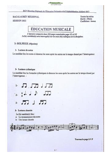 Sujet Prépas BAC Musique Lycée Classique Abidjan 2023