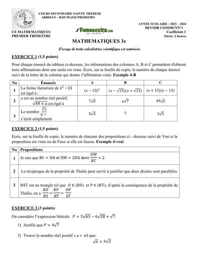 SUJET MATHS 3ième DEVOIR COMMUN CSSTA KOUMASSI 2024 BY TEHUA