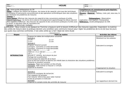 Fiche de cours CM Le litre et ses multiples by Tehua