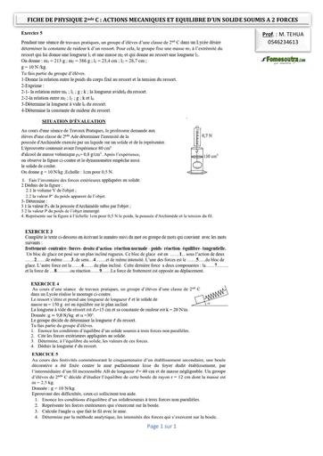 FICHE DE PHYSIQUE 2nde C ACTIONS MECANIQUES ET EQUILIBRE D’UN SOLIDE SOUMIS A 2 FORCES by TEHUA