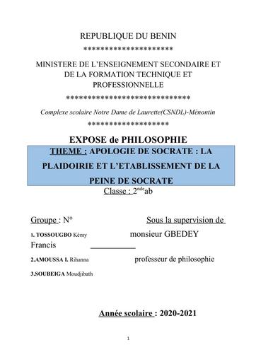 EXPOSE de PHILOSOPHIE sur l'apologie de Socrate by Tehua