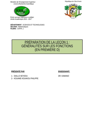 Fiche de Cours 1ière D GENERALITE SUR LES FONCTIONS by Tehua