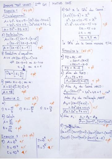 Barème Test lourd maths 2nde G1 provincial 2025 by Tehua