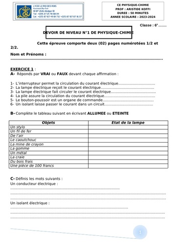 Devoir de n°1 PC 6ieme 2024 by Tehua