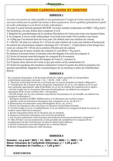 FICHE D'EXERCICES ACIDES CARBOXILIQUES ET DERIVES Tle CD by TEHUA