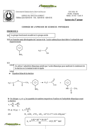 Corrigé du sujet de Physique-chimie des BAC S1 S3 2012 - Sénégal