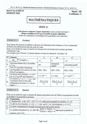 RCI BAC 2022 Maths Serie A1