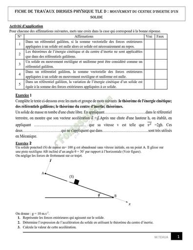 FICHE TRAVAUX DIRIGES PHYSIQUE TLE D MOUVEMENT DU CENTRE D’INERTIE by Tehua