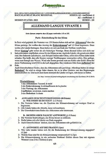 SUJET ET CORRIGE BAC BLANC 2023 ALLEMAND LV1 SERIE A1 A2 REGIONAL DE FERKESSÉDOUGOU COTE D'IVOIRE