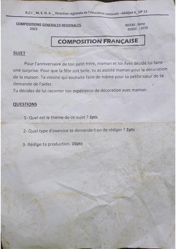 Composition de français 5ieme Essai 2023 provincial by Tehua