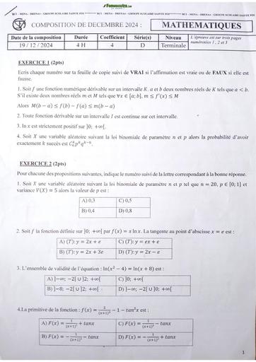 Composition generale Decembre 2024 Maths Tle D sainte foi abobo by Tehua