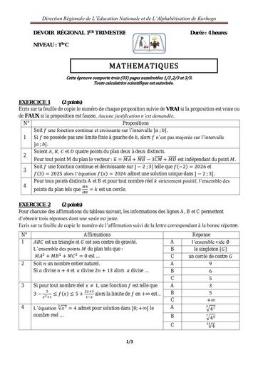 DEVOIR REGIONAL Tle C MATHS (2024 2025) Korhogo by Tehua