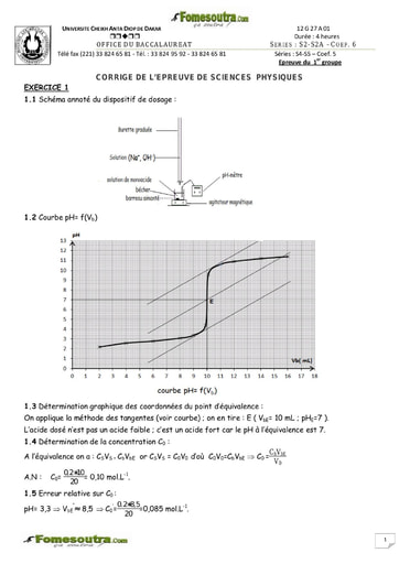 Corrigé du sujet de Physique-chimie des BAC S2 S2A S4 et S5 2012 - Sénégal