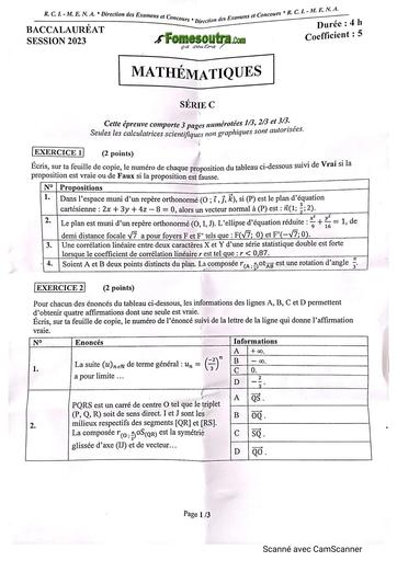 Sujet maths bac C 2023