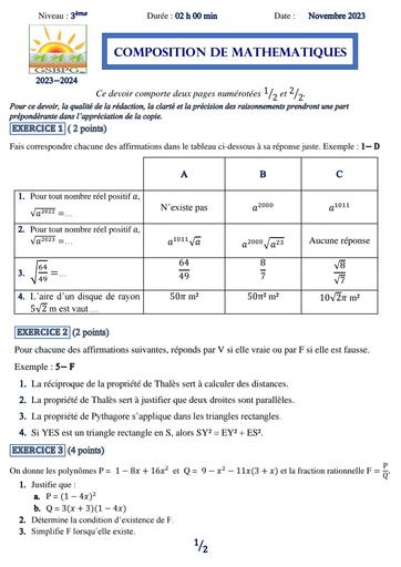 Sujet+ barème Maths 3ieme compo de fin de trimestre Nov 2023 C Provincial by Tehua