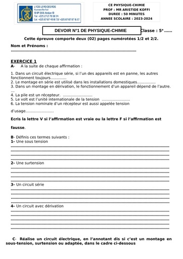 Devoir de n°1 PC 5ieme 2024 by Tehua