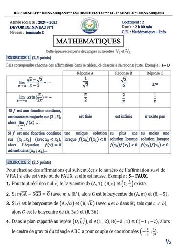 DEVOIR DE NIVEAU N°1 Maths DU TRIMESTRE 1 ( TLE C) by Tehua