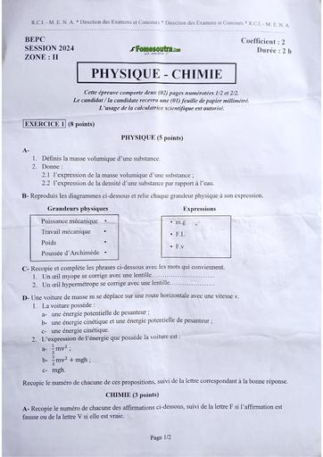 Bepc 2024 Zone 2 Physique Chimie by Tehua