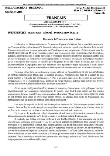 Sujet Examen bac blanc 2024 Français Dren Abidjan 1 by Tehua