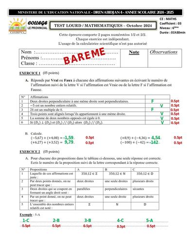 BAREME TEST LOURD MATHS 6ième OCTOBRE 2024 by Tehua