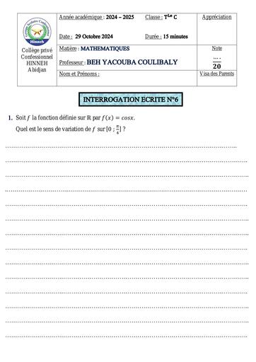 INTERROGATION 6 DU TRIMESTRE 1 Maths (Tle C) vu Tehua