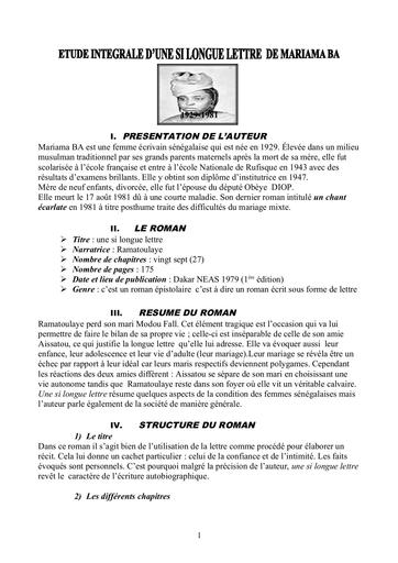 Exposé Etude Interale d Une Si Longue Lettre by Tehua