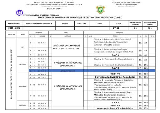 PROGRESSION DE COMPTABILITE ANALYTIQUE PREMIERE G2 2024 2025 by Tehua