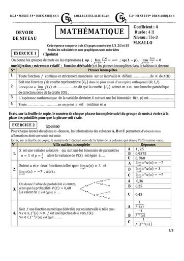 DEVOIR DE NIVEAU Maths TLe D 29 NOVEMBRE 2024 + barème by Tehua