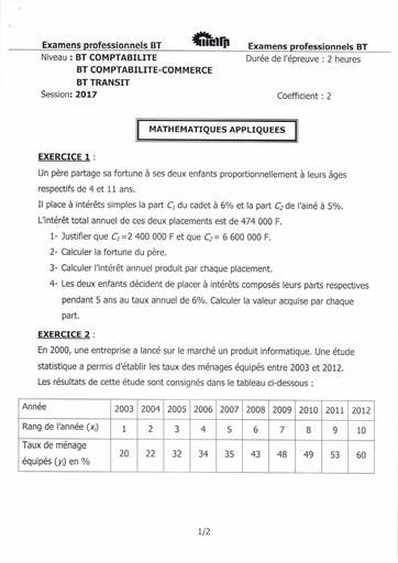 BT 2017 TERTIAIRE COMPTA COMPTA COM TRANSIT mathematiques appliqués by Tehua