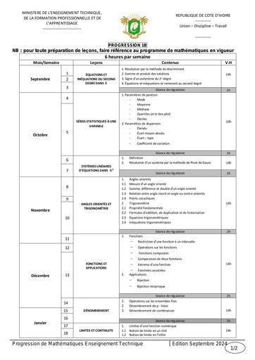 Progression Maths 1iere B 2024 by Tehua