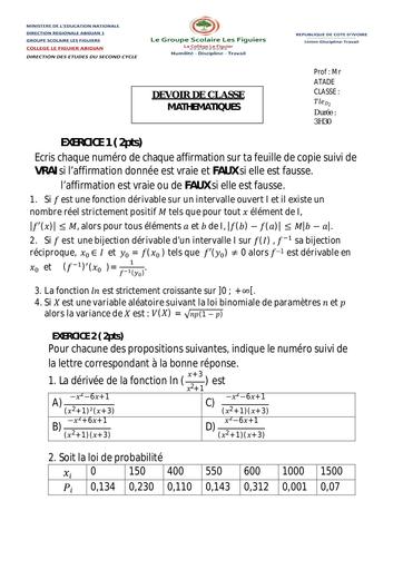 ATADE Devoir de maths Tle D2 by Tehua