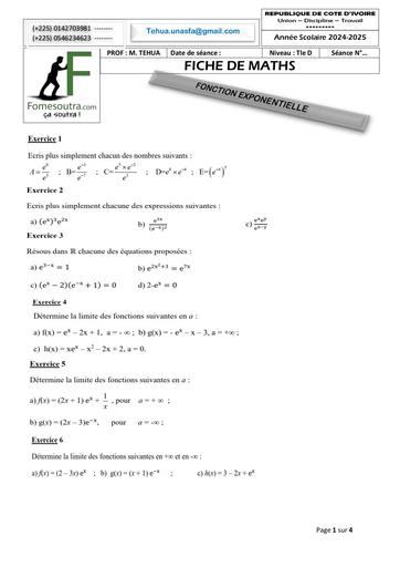 FICHE DE TRAVAUX DIRIGES MATHS Tle D FOCTION EXPONENTIELLE Janvier 2025 by Tehua