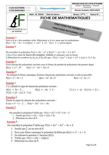 FICHE DE TRAVAUX DIRIGES MATHS 2nde C FONCTIONS POLYNÔMES FONCTIONS ET RATIONNELLES Décembre 2024 by TEHUA